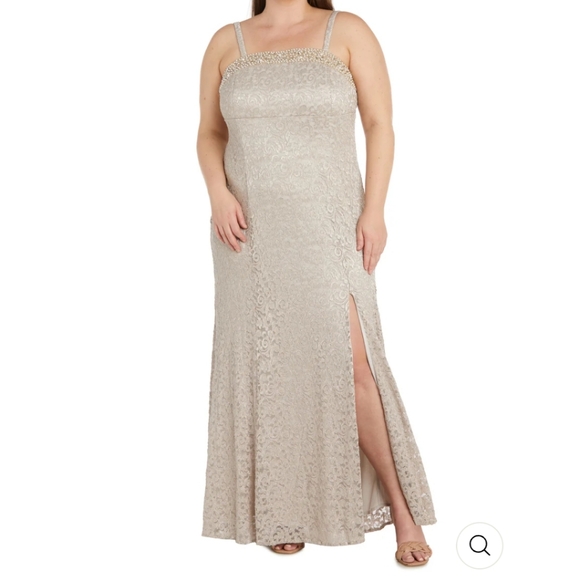 R&M Richards Champagne Lace Jacket‎ Dress with Pearl Neck Trim Plus SZ:16 - Picture 3 of 11